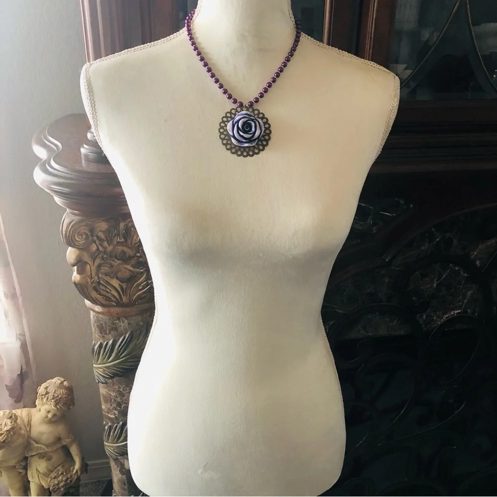 Handcrafted repurpose purple rose filigree pendant Czech glass Pearl necklace